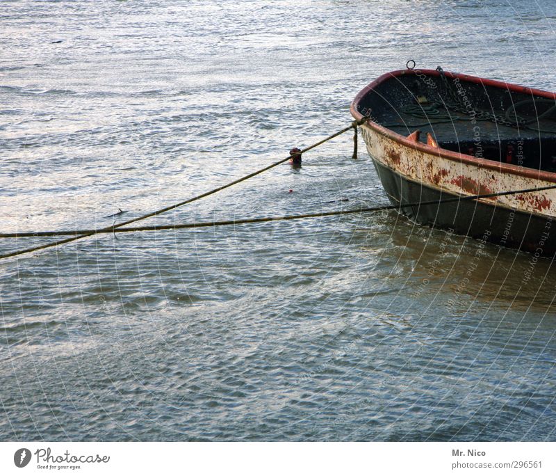 leinen los Umwelt Wasser Küste Flussufer Schifffahrt Bootsfahrt Beiboot Ruderboot Hafen alt Idylle Seil ankern Fischerboot Kahn Rost ruhig Wasserfahrzeug