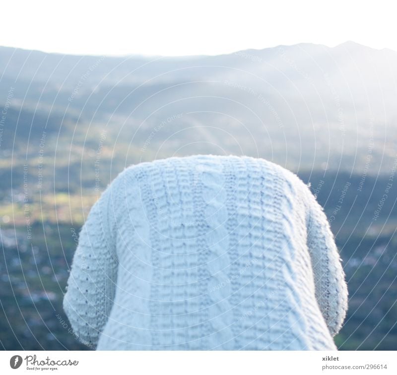 über dem Licht Frau Erwachsene Rücken 1 Mensch Sonnenlicht Schönes Wetter Wald Berge u. Gebirge Mantel Denken schlafen sitzen Traurigkeit warten weinen frisch