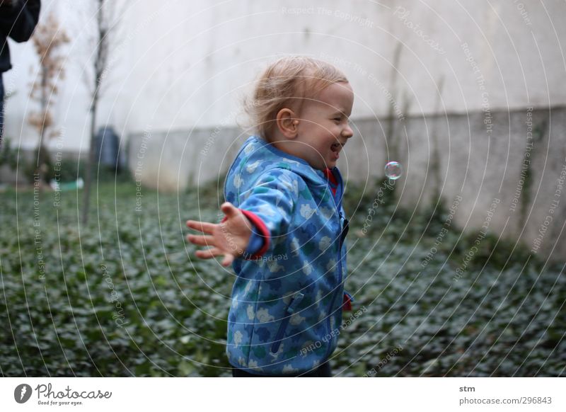 fliegen Kinderspiel Häusliches Leben Mensch maskulin Kleinkind Junge Kindheit 1 1-3 Jahre Garten Hof Jacke Seifenblase fangen genießen laufen lernen Spielen