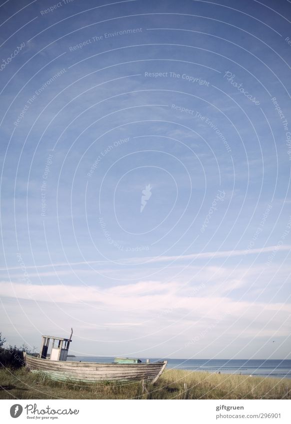 trockendock Umwelt Natur Landschaft Urelemente Wasser Himmel Schönes Wetter Pflanze Gras Grünpflanze Küste Strand Ostsee alt Wasserfahrzeug Fischerboot