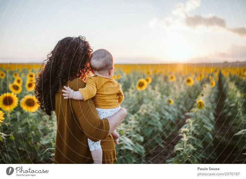 Mutter und Tochter im Sonnenblumenfeld Lifestyle Mensch feminin Kind Baby Kleinkind Mädchen Erwachsene 3 0-12 Monate 18-30 Jahre Jugendliche Umwelt Landschaft