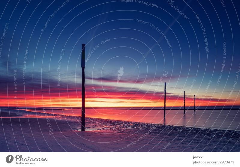 Sonnenuntergang an weitem Nordseestrand mit vier Holzpfählen St. Peter-Ording Sommerurlaub Meer Ferien & Urlaub & Reisen Dämmerung Abend Außenaufnahme maritim