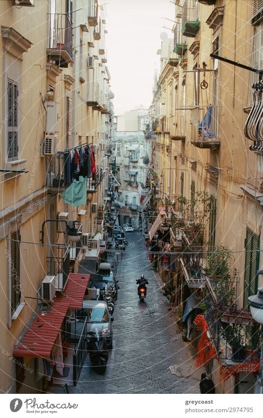 Enge Straße in Neapel mit alten Häusern, Italien. Motorrad fahren entlang der Gasse. Leinen hängen auf den Balkonen Haus Mann Erwachsene Stadt Gebäude