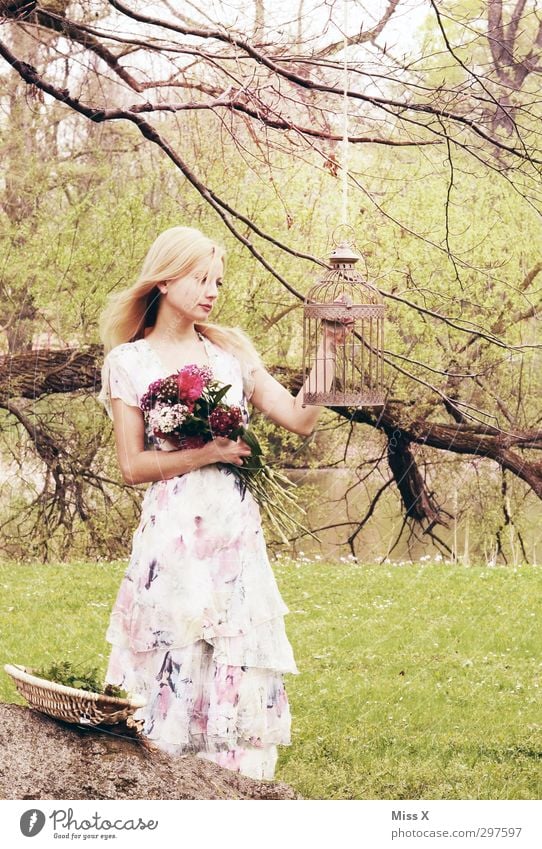 Märchenbraut schön Hochzeit Mensch feminin Junge Frau Jugendliche 1 18-30 Jahre Erwachsene Frühling Baum Blume Sträucher Park Wald Teich Kleid blond Kitsch