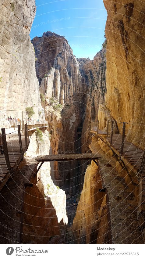 Caminito del Rey Mensch Menschengruppe Umwelt Natur Landschaft Himmel Wolkenloser Himmel Sonne Sonnenlicht Sommer Schönes Wetter Wärme Dürre Felsen Schlucht