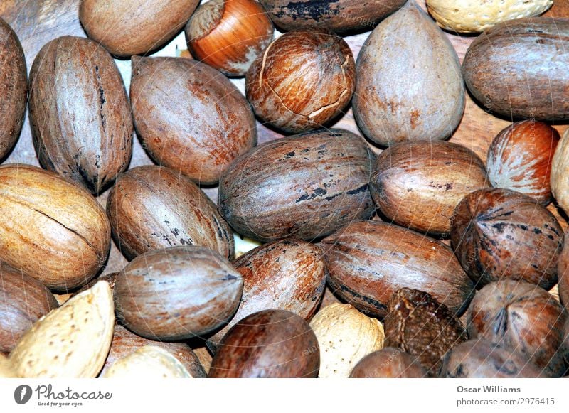 Gemischte Nüsse in Schalen. gemischt Nuss Pekannüsse Mandel Cashewnüsse Haselnuss Panzer roh lecker Gesunde Ernährung Energie organisch knackig Snack