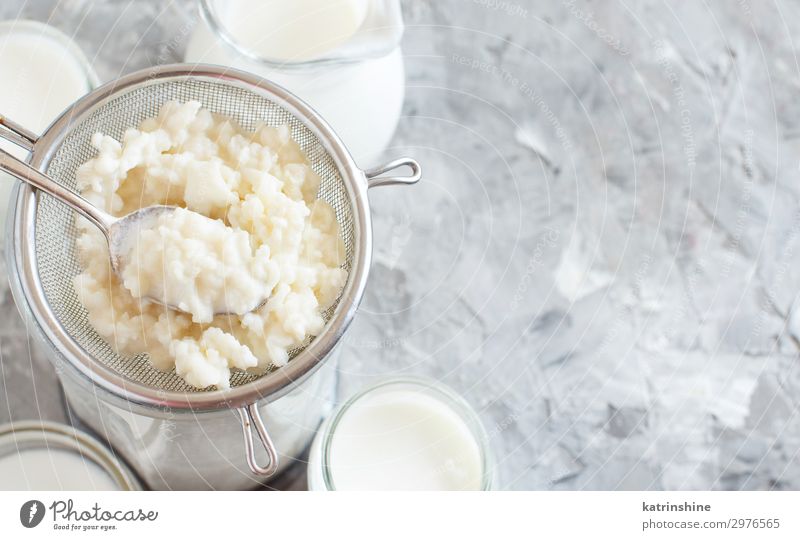 Kefirkörner und fermentierte Getränke-Kefir Frühstück Flasche frisch weiß Tradition Fermentation Glas Kephir Textfreiraum Mikroflora Hintergrund Molkerei