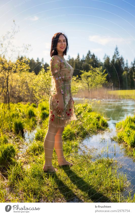 Frau im Sommerkleid, Natur, Wasser Erwachsene 1 Mensch Umwelt Pflanze Schönes Wetter Park Wiese Bach Erholung genießen stehen Freude Fröhlichkeit Zufriedenheit