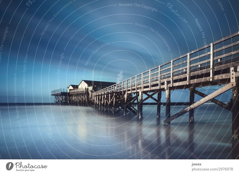 Haus am Meer Himmel Wetter Küste Nordsee Steg Holz hoch lang maritim blau braun weiß Pfahlhaus Farbfoto Gedeckte Farben Außenaufnahme Menschenleer Tag