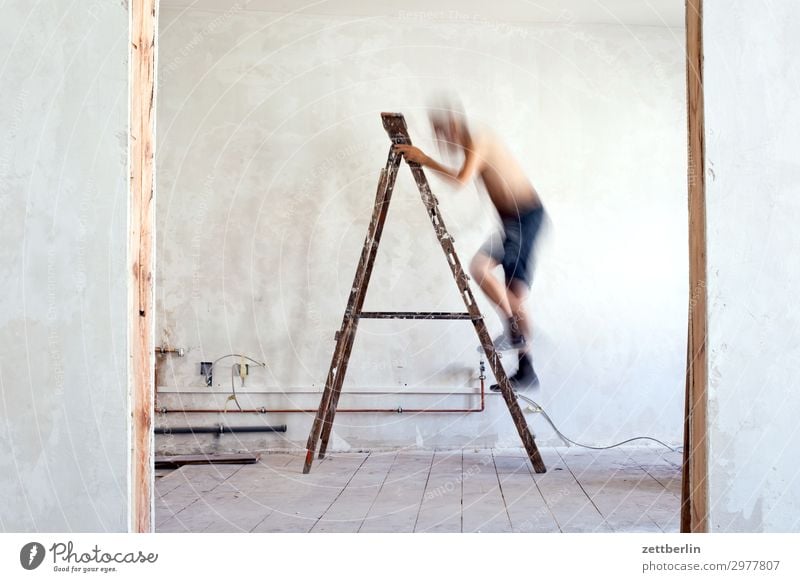 4998 Altbau Altbauwohnung aufsteigen Baustelle Karriere Leiter Klettern Mann Mauer Mensch Raum Renovieren Modernisierung Sanieren stehen steil Tür Wand