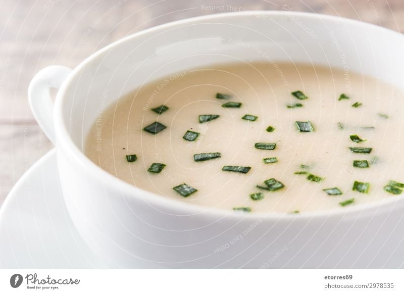 Französische Vichyssous-Suppe in der Schüssel Gemüse Eintopf Ernährung Vegetarische Ernährung Diät Schalen & Schüsseln Holz frisch weiß Tradition Amuse-Gueule