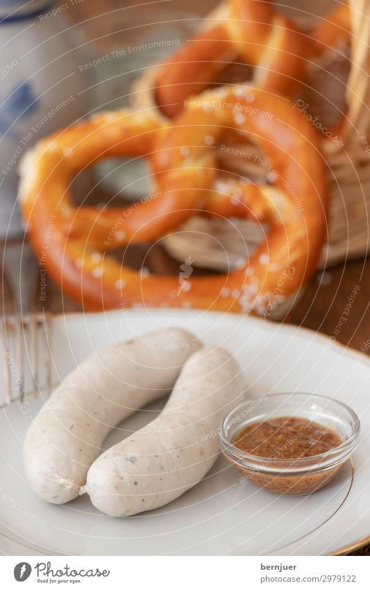 Weißwürste Fleisch Wurstwaren Frühstück Gabel Holz frisch lecker nah weiß Tradition Weißwurst süß Senf Silber Bayern Kalb Deutsch Essen Schweinefleisch