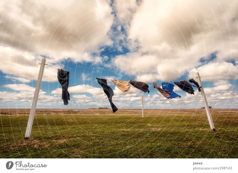 Wäsche hängt zum Trocknen an Wäscheleine im Freien trocknen Wäsche waschen Luftgetrocknet Landschaft Himmel Wolken Horizont Sommer aufhängen Schönes Wetter Wind