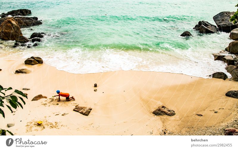 am meer sein Strand Sand Meer Küste Sonne Sonnenlicht Kontrast Licht Tag Außenaufnahme Farbfoto Felsen genießen träumen Paradies Trauminsel Wellen exotisch