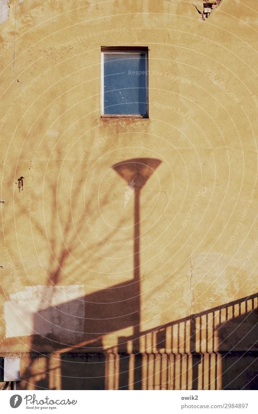 Haus mit Lampe Stadtrand Mauer Wand Fassade Fenster alt groß hoch gelb Laternenpfahl Straßenbeleuchtung Baumschatten Geländer rau Leerstand Farbfoto