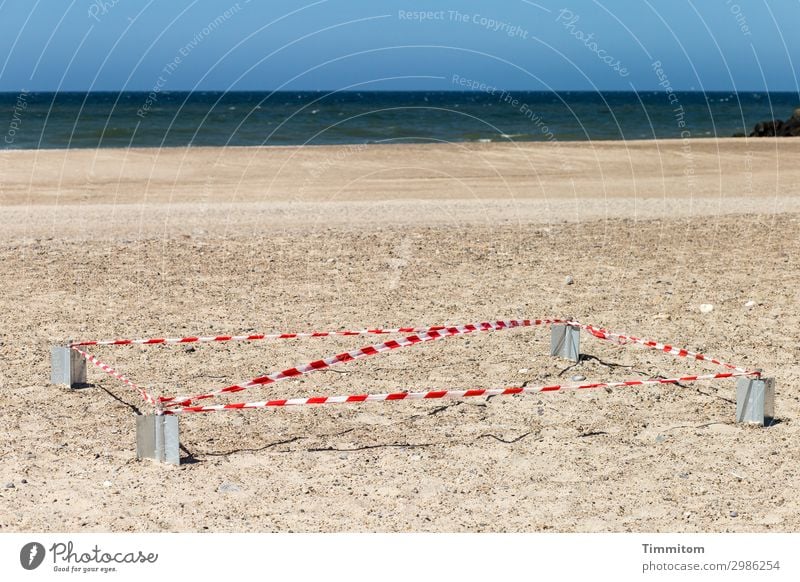 Hier entsteht was! Ferien & Urlaub & Reisen Umwelt Natur Urelemente Sand Wasser Himmel Wolkenloser Himmel Schönes Wetter Strand Nordsee Dänemark Barriere Metall