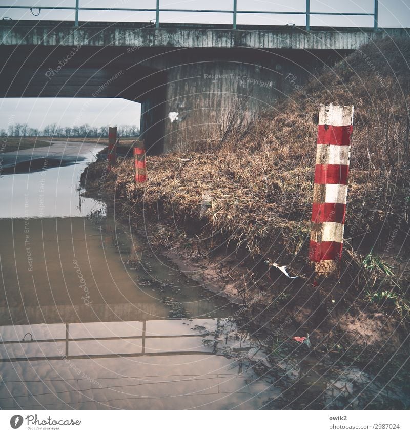 Lichte Höhe Umwelt Natur Wasser Himmel Wolken Horizont Gras Sträucher Landkreis Teltow-Fläming Deutschland Brücke Bake trist Pfütze Warnfarbe Straßenrand