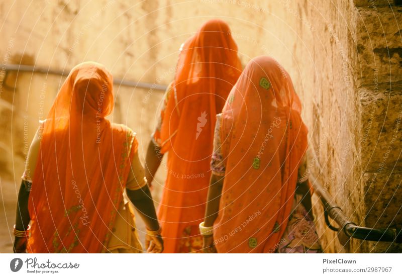 Indien exotisch Ferien & Urlaub & Reisen Tourismus Abenteuer Ferne Sommer Feste & Feiern Mensch feminin 3 Altstadt bevölkert Mauer Wand Bekleidung Kopftuch