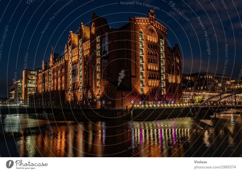 Nachts im Museum Hafencity Hafenstadt Altstadt Bauwerk Architektur Mauer Wand Sehenswürdigkeit entdecken leuchten dunkel Kitsch maritim Reflexion & Spiegelung