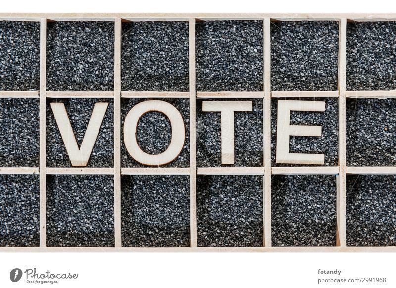 Wooden word VOTE on black sand Tafel Karriere Holz Zeichen Schriftzeichen wählen braun schwarz weiß Kreativität Ordnung Politik & Staat Vertrauen Wissen