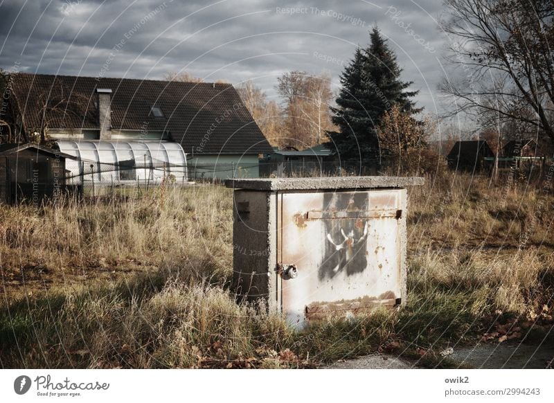 Schaltkastenblues Umwelt Natur Wolken Horizont Herbst Schönes Wetter Pflanze Baum Gras Sträucher Dorf Haus Metall einfach Rost Farbfoto Gedeckte Farben