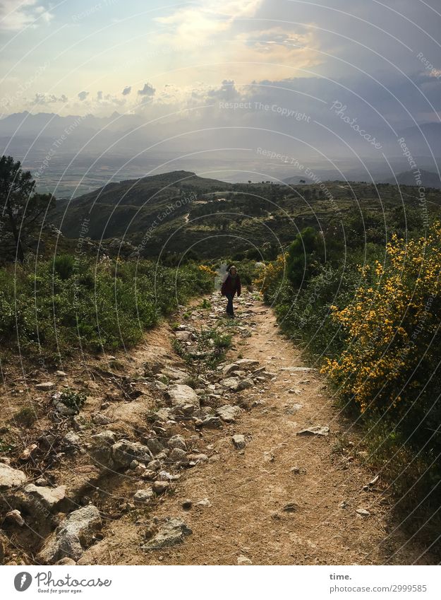 way up | on the road again feminin Frau Erwachsene 1 Mensch Umwelt Natur Landschaft Himmel Wolken Horizont Schönes Wetter Pflanze Berge u. Gebirge Pyrenäen Hose