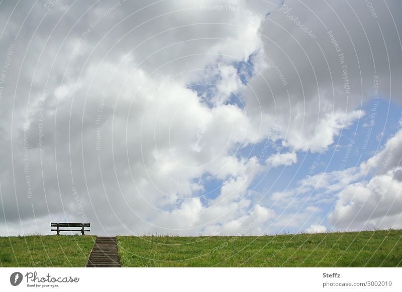 Sehnsucht nach Ruhe Deich Sitzbank Pause nordisch nordische Romantik ländlich nordische Natur Wolkenhimmel Wohlgefühl ländliche Idylle Außenbank Treppe