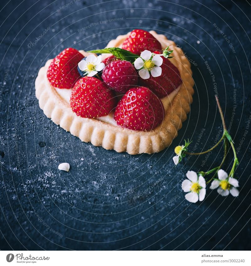 Erdbeertörtchen in Herzform auf dunklem Untergrund Törtchen erdbeerkuchen herzförmig Erdbeeren dunkel Hintergrundbild Sommer Textfreiraum Blüte Muttertag