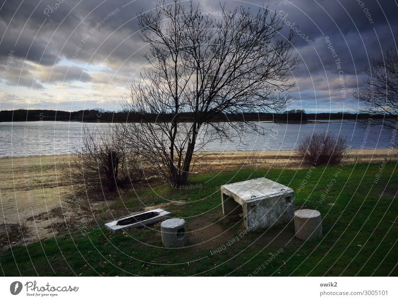 Rustikal Umwelt Natur Landschaft Wasser Himmel Wolken Herbst Baum Gras Sträucher Wiese See Betonteile Tisch Sitzgelegenheit dunkel rustikal einladend Farbfoto