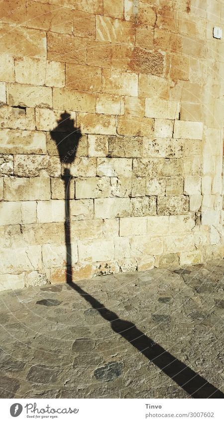 Schatten von alter Straßenlaterne vor historischer Mauer Altstadt Wand Fassade Straßenbeleuchtung Langer Schatten Stadtmauer gemauert Farbfoto Außenaufnahme