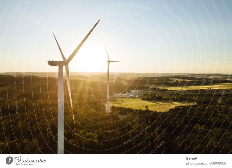 Wind Turbine in the sunset seen from an aerial view Technik & Technologie Wissenschaften Fortschritt Zukunft High-Tech Energiewirtschaft Erneuerbare Energie