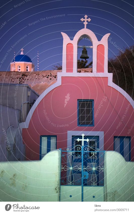 Kreuz dichte Ferien & Urlaub & Reisen Tourismus Ausflug Haus Oia Griechenland Stadt Kirche Tor Bauwerk Mauer Wand Tür blau grün rosa Neugier Interesse Hoffnung