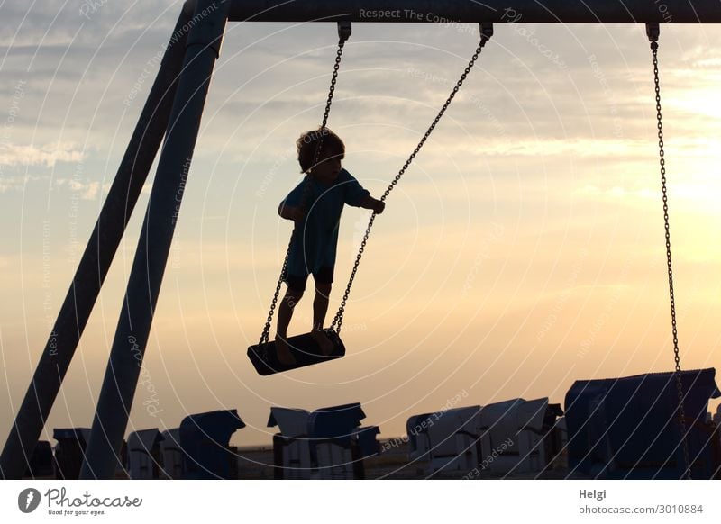 Silhouette eines kleinen Jungen, der im Gegenlicht in der Abendsonne im Stehen schaukelt Spielen schaukeln Ferien & Urlaub & Reisen Sommer Sommerurlaub Strand