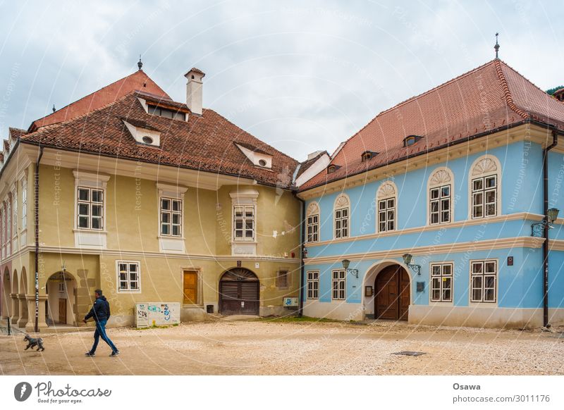 Mann mit Hund Stadt Haus Gebäude Ecke Platz Altbau Fenster Fassade Fußgänger Kopfsteinpflaster Textfreiraum oben Textfreiraum unten