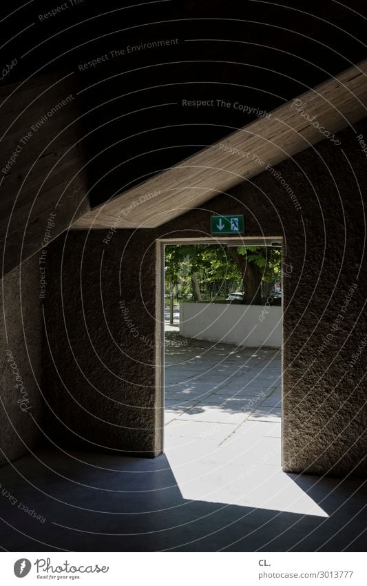 notausgang Baum Menschenleer Platz Bauwerk Gebäude Architektur Mauer Wand Tür Notausgang Schilder & Markierungen Hinweisschild Warnschild ästhetisch