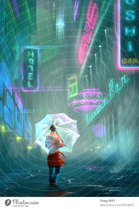 Digitale Illustration. Junge Frau mit Regenschirm steht in einer von Neonschriften beleuchteten Strasse einer futuristischen Cyberpunk City. Neonlicht