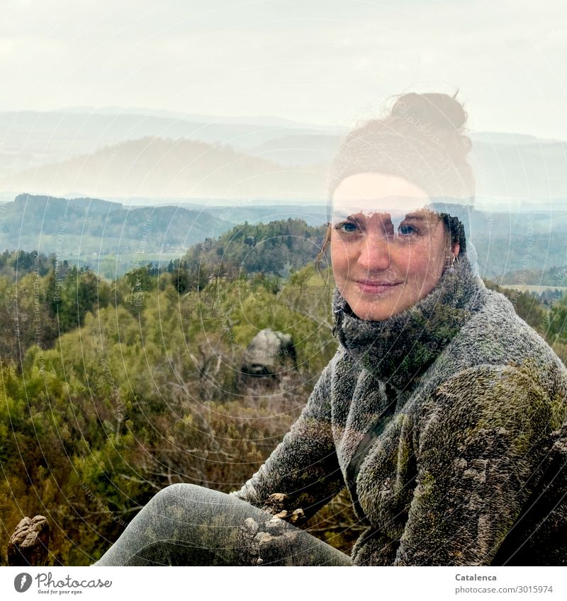 Doppelbelichtung. Porträt einer jungen Frau Elbsandsteingebirge feminin Junge Frau Jugendliche 1 Mensch Umwelt Natur Landschaft Himmel Horizont Frühling Pflanze