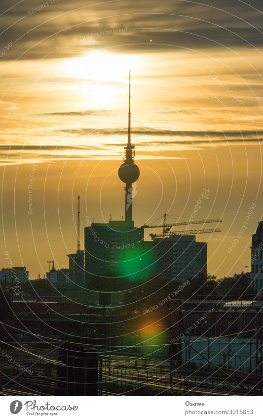 700 | Fernsehturm Berlin Berliner Fernsehturm Turm Alexanderplatz Stadt Skyline Stadtleben Sonne Abenddämmerung Sommer Himmel Gebäude Silhouette Wolken Kran