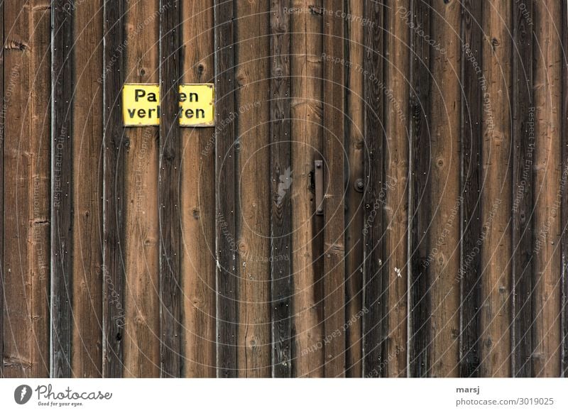 Pa en verl ten Mauer Wand Tür Holztor Tor Hinweisschild Warnschild Parkverbot alt außergewöhnlich Verbote verwittert Patina Farbfoto mehrfarbig Außenaufnahme