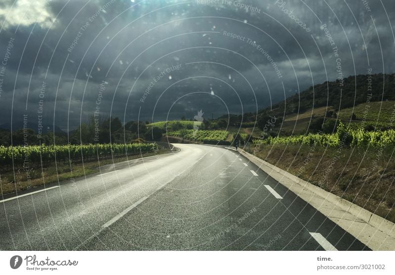 nach dem Regen | on the road again Himmel Wolken Gewitterwolken Horizont Schönes Wetter schlechtes Wetter Pflanze Berge u. Gebirge Weinbau Weinberg Verkehr