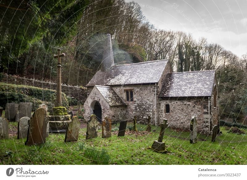 Eine kleine Kapelle Tageslicht Gras Dach Himmel Bäume Bauwerk Religion Tristesse Gebäude Architektur Strukturen & Formen Friedhof ReligionGlaube christlich