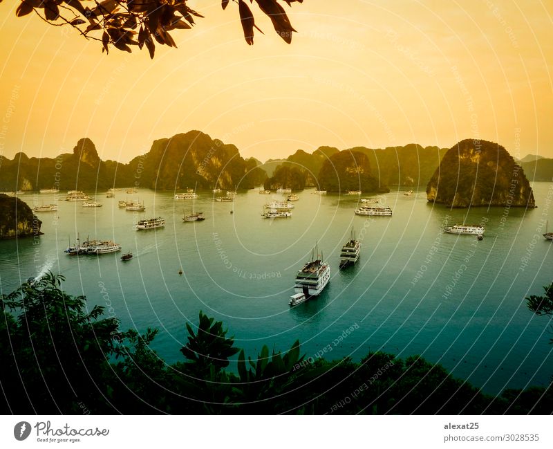 Halong Bucht - Vietnam Ferien & Urlaub & Reisen Kreuzfahrt Meer Insel Berge u. Gebirge Natur Landschaft Erde Himmel Felsen Dorf Wasserfahrzeug lang Asien