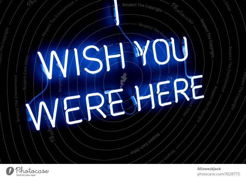 Wish you were Here Neonlicht Schriftzeichen Leuchtreklame Buchstaben Postkarte Licht Beleuchtung leuchten Lampe Information vermissen Einsamkeit Heimweh schwarz