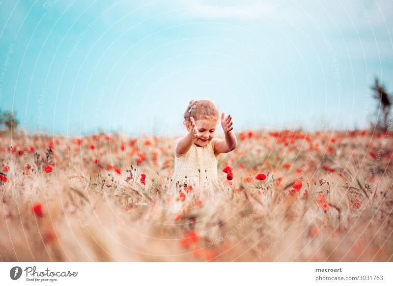 Mohnblüte Mohnfeld Kind Mädchen Sommer Frühling weiß Kleid Frau feminin stehen Natur natürlich Geruch Blume Klatschmohn Duft Freude Fröhlichkeit