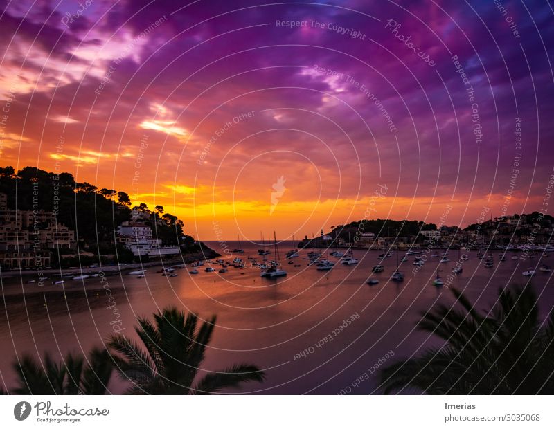 Sonnenuntergang in Puerto de Sóller Umwelt Natur Landschaft Pflanze Luft Wasser Himmel Wolken Nachthimmel Horizont Sonnenaufgang Sommer Schönes Wetter Baum Wald