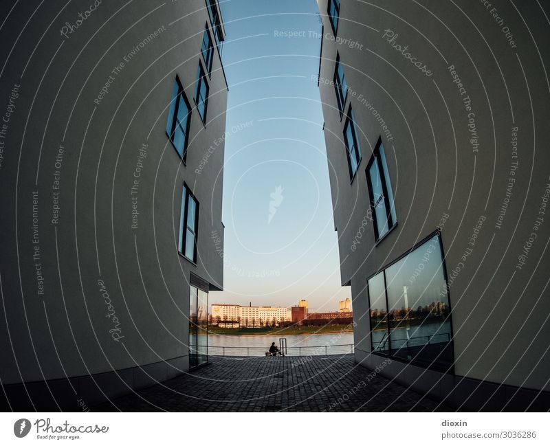 Im Zollhafen Wasser Sonnenlicht Flussufer Rhein Köln Deutschland Europa Stadt Hafenstadt Haus Bauwerk Gebäude Architektur Mauer Wand Fenster Fahrradfahren