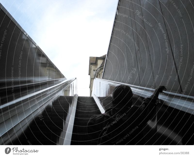 Ins Licht Himmel Treppe Rolltreppe gebrauchen Bewegung fahren festhalten dunkel blau grau schwarz weiß Mobilität unterwegs aufwärts bequem Rückansicht hoch