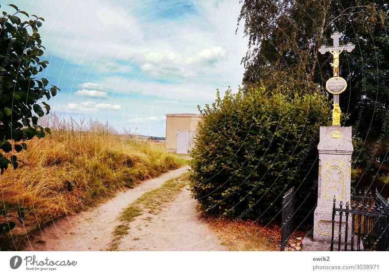 Wallfahrtsort Landschaft Himmel Wolken Horizont Sommer Baum Gras Sträucher Hecke Rosenthal Lausitz Sachsen Deutschland sorbisch Gebäude Wege & Pfade Wegekreuz