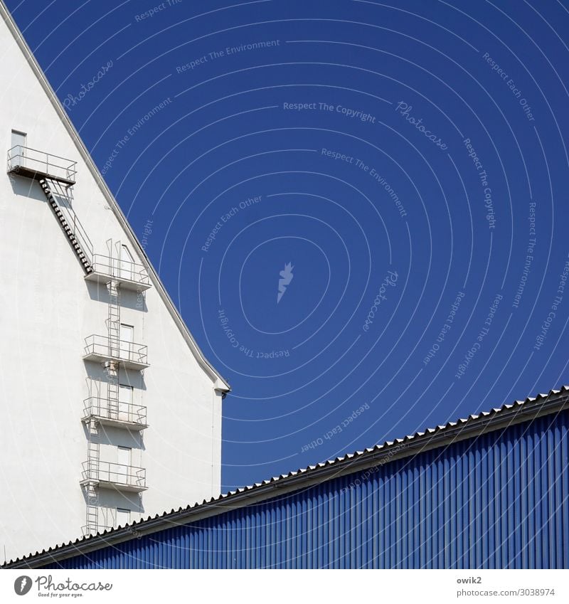 Nur Mut! Schönes Wetter Wien Haus Hafen Gebäude Kontor Lagerhaus Lagerhalle Feuerleiter Mauer Wand Treppe Fassade Dach Wellblech Wellblechwand Zugang groß hell