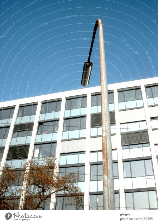 Lampenattacke Haus Himmel Architektur Fenster hoch Perspektive Straßenbeleuchtung Peitschenlaterne Bogenlampe Oberleitung Baum altmodisch Rost Fassade Glas